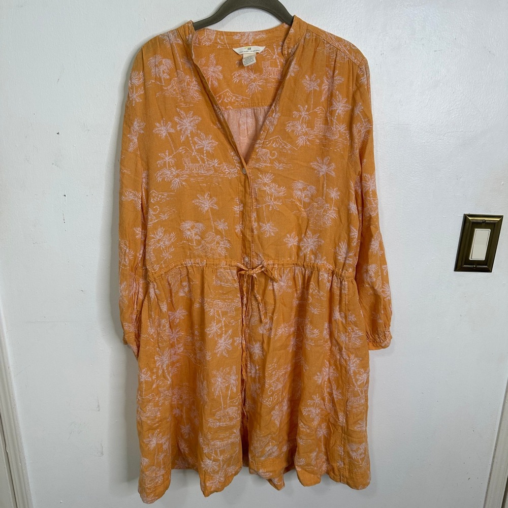H&M Orange Tiger Tropical Toile Linen Blend Mini Dress‎ Small Boho Beach Summer